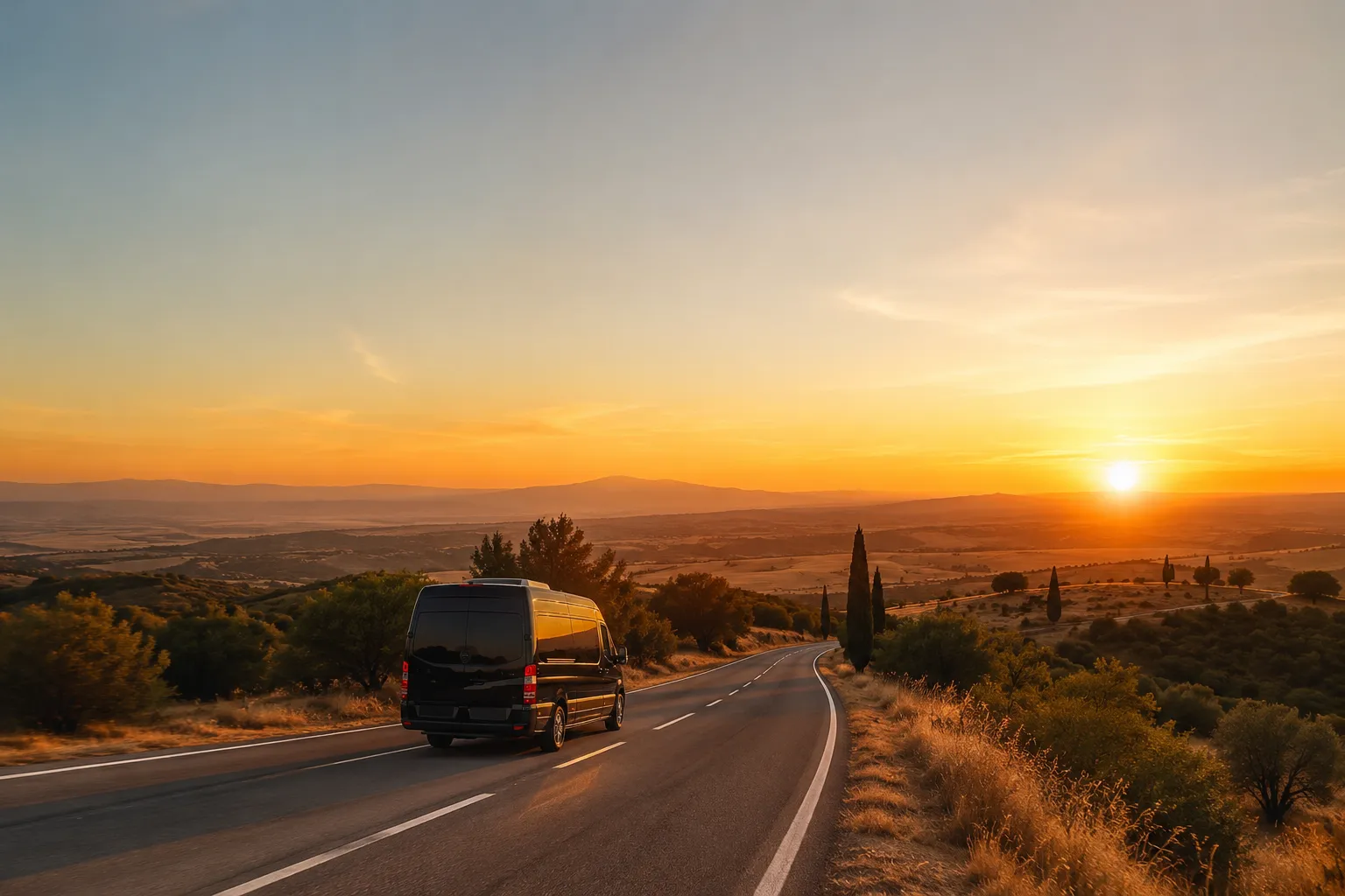 Minibús privado con conductor en una carretera de Castilla al atardecer