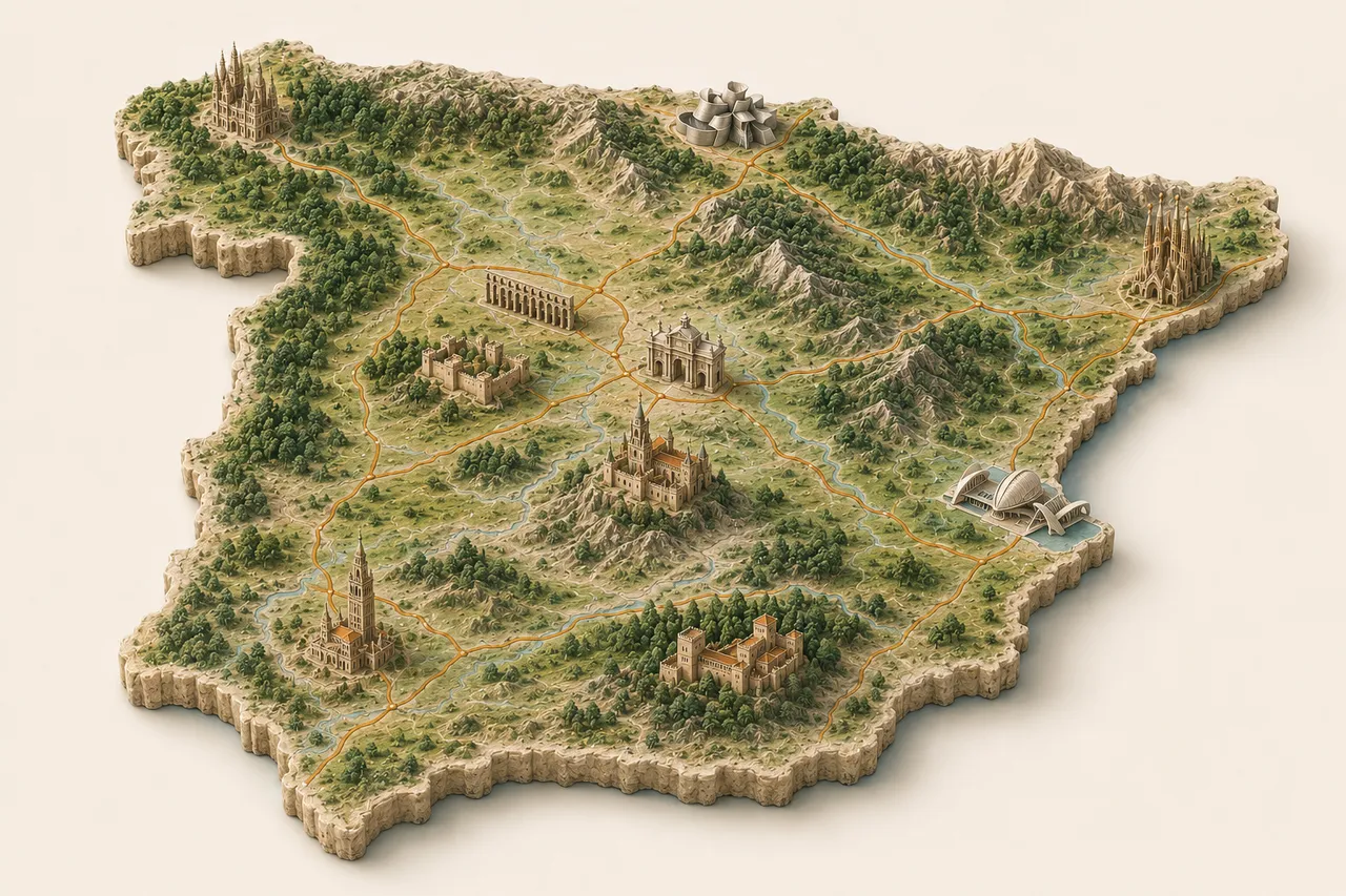 Mapa ilustrado de España con los monumentos de las ciudades de excursión